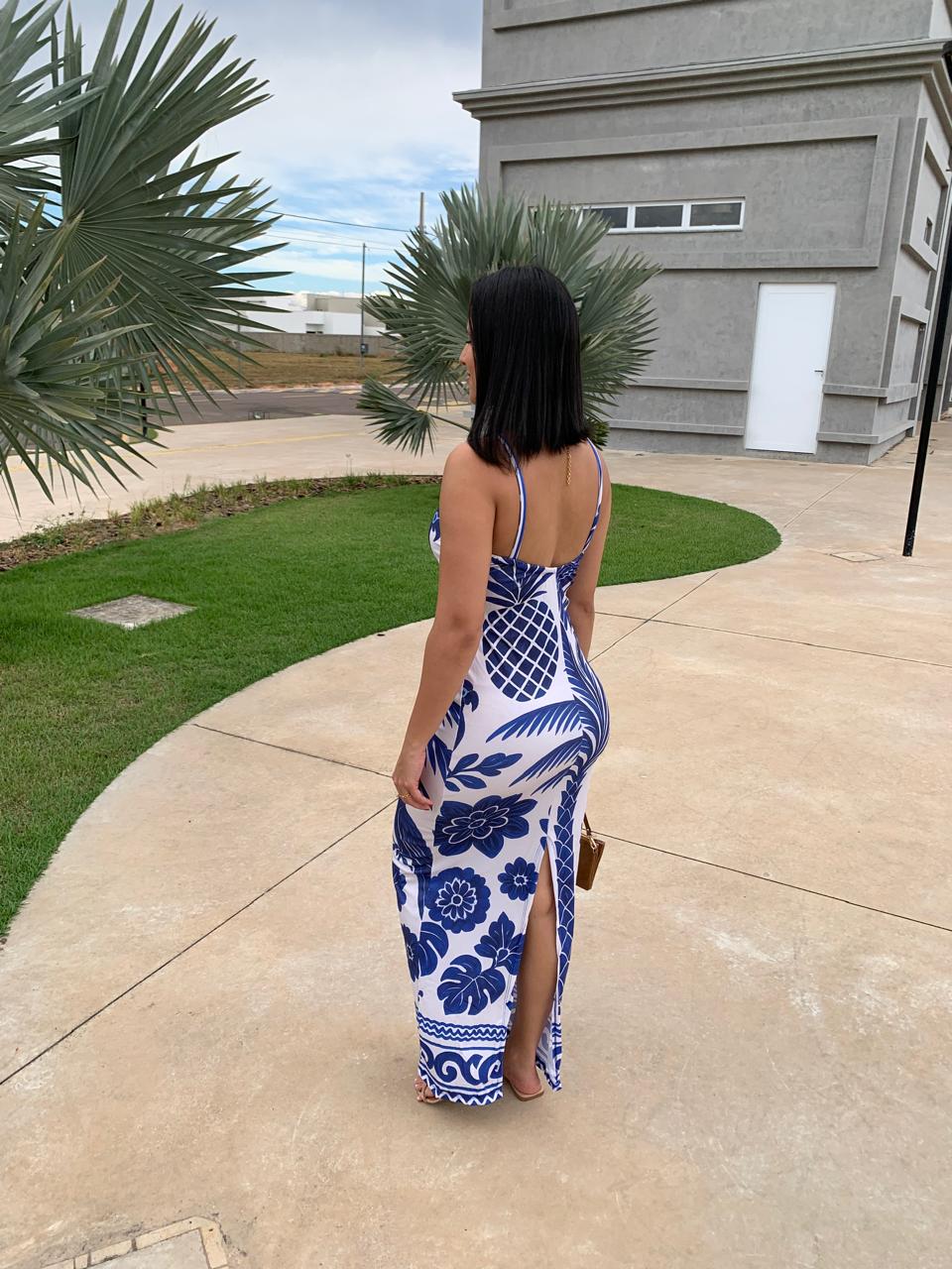 Vestido Tropical Canelado Azul